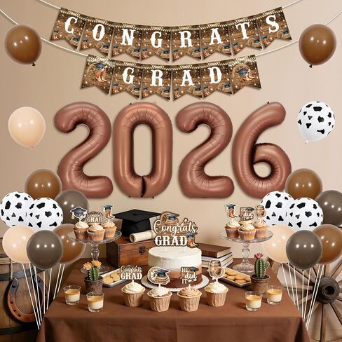 Western Cowboy Graduation Party Decorations for Boys Rustic Grad Backdrop 5*3ft Class Of 2026 Banner Cake Cupcake Toppers Graduation Decorations for Rodeo Style Graduate Supplies in Saudi Arabia