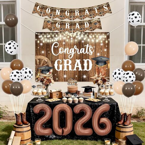 Western Cowboy Graduation Party Decorations for Boys Rustic Grad Backdrop 5*3ft Class Of 2026 Banner Cake Cupcake Toppers Graduation Decorations for Rodeo Style Graduate Supplies in Saudi Arabia