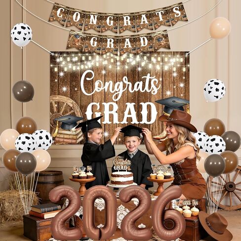 Western Cowboy Graduation Party Decorations for Boys Rustic Grad Backdrop 5*3ft Class Of 2026 Banner Cake Cupcake Toppers Graduation Decorations for Rodeo Style Graduate Supplies in Saudi Arabia