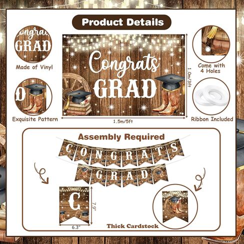Western Cowboy Graduation Party Decorations for Boys Rustic Grad Backdrop 5*3ft Class Of 2026 Banner Cake Cupcake Toppers Graduation Decorations for Rodeo Style Graduate Supplies in Saudi Arabia