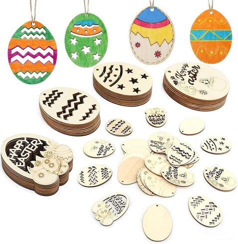 بيض عيد الفصح الخشبي للرسم بنفسك - زخارف بيض من الخشب الطبيعي، وحشو سلة عيد الفصح، وديكورات للمنزل والأطفال in Kuwait