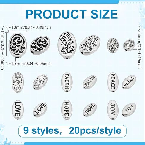 PH PandaHall 180pcs 9 أنماط الإيمان الخرز البيضاوي الخرز مع الكلمات التبتية نمط الفضة شقة فاصل حبة معدنية الحرفية حبة لسوار قلادة صنع المجوهرات الحرف اليدوية 7 ~ 14mm in Kuwait