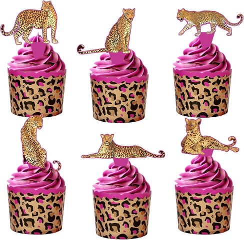Whaline 48Pcs Cheetah Cupcake Liners And Toppers Leopard Print Paper Disposable Muffin Cupcake Wrappers with Wild Animal Cake Decorations for Jungle Safari Birthday Party Supplies in Saudi Arabia