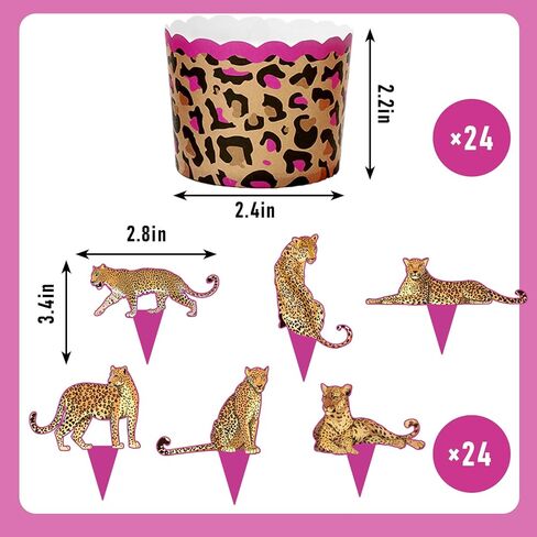 Whaline 48Pcs Cheetah Cupcake Liners And Toppers Leopard Print Paper Disposable Muffin Cupcake Wrappers with Wild Animal Cake Decorations for Jungle Safari Birthday Party Supplies in Saudi Arabia