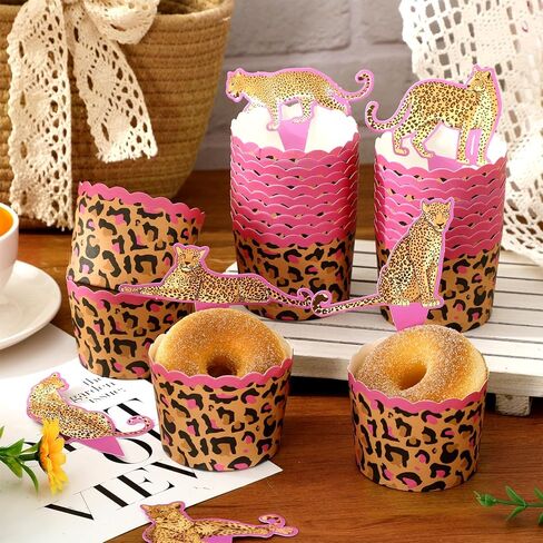Whaline 48Pcs Cheetah Cupcake Liners And Toppers Leopard Print Paper Disposable Muffin Cupcake Wrappers with Wild Animal Cake Decorations for Jungle Safari Birthday Party Supplies in Saudi Arabia