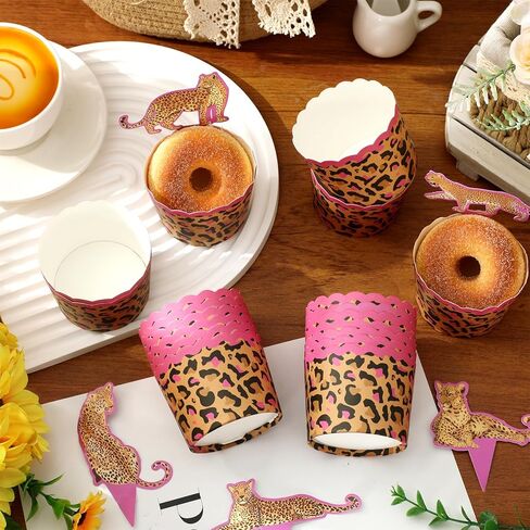 Whaline 48Pcs Cheetah Cupcake Liners And Toppers Leopard Print Paper Disposable Muffin Cupcake Wrappers with Wild Animal Cake Decorations for Jungle Safari Birthday Party Supplies in Saudi Arabia