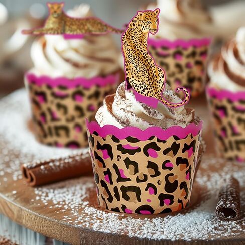 Whaline 48Pcs Cheetah Cupcake Liners And Toppers Leopard Print Paper Disposable Muffin Cupcake Wrappers with Wild Animal Cake Decorations for Jungle Safari Birthday Party Supplies in Saudi Arabia