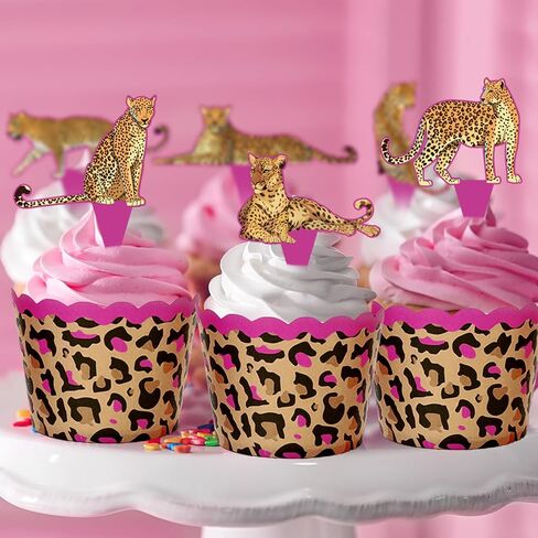 Whaline 48Pcs Cheetah Cupcake Liners And Toppers Leopard Print Paper Disposable Muffin Cupcake Wrappers with Wild Animal Cake Decorations for Jungle Safari Birthday Party Supplies in Saudi Arabia