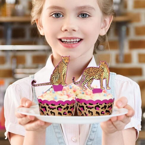 Whaline 48Pcs Cheetah Cupcake Liners And Toppers Leopard Print Paper Disposable Muffin Cupcake Wrappers with Wild Animal Cake Decorations for Jungle Safari Birthday Party Supplies in Saudi Arabia
