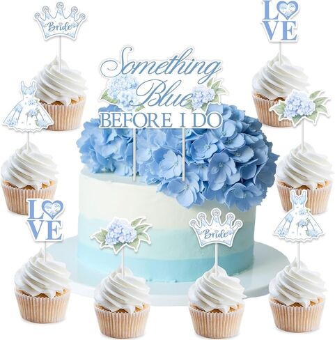 Hydrangea Bridal Shower Cake Topper Cupcake Picks - 25 Pcs Something Blue Before I Do Cake Decorations Bachelorette Wedding Engagement Party Supplies Floral Table Decor Topper in Saudi Arabia