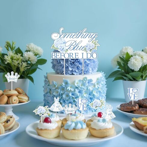 Hydrangea Bridal Shower Cake Topper Cupcake Picks - 25 Pcs Something Blue Before I Do Cake Decorations Bachelorette Wedding Engagement Party Supplies Floral Table Decor Topper in Saudi Arabia