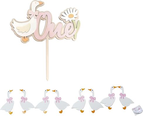 2 Pcs One Silly Goose Birthday Decor, Goose Cake Topper Set with 1 Piece Figure and 1 Banner, Cute Party Decoration for 1st Birthday, Pink Theme Cake Accessory in Kuwait