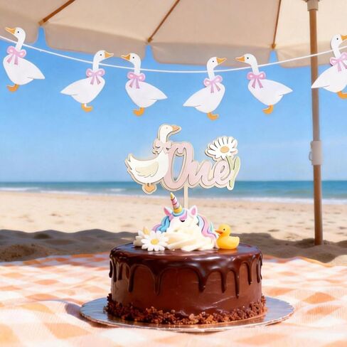 2 Pcs One Silly Goose Birthday Decor, Goose Cake Topper Set with 1 Piece Figure and 1 Banner, Cute Party Decoration for 1st Birthday, Pink Theme Cake Accessory in Kuwait