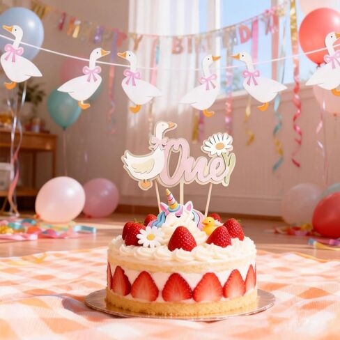 2 Pcs One Silly Goose Birthday Decor, Goose Cake Topper Set with 1 Piece Figure and 1 Banner, Cute Party Decoration for 1st Birthday, Pink Theme Cake Accessory in Kuwait