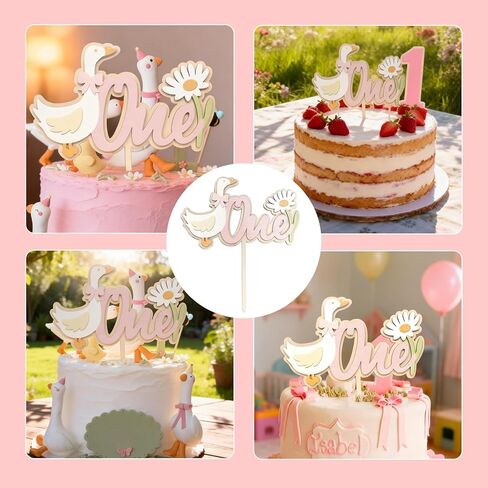 2 Pcs One Silly Goose Birthday Decor, Goose Cake Topper Set with 1 Piece Figure and 1 Banner, Cute Party Decoration for 1st Birthday, Pink Theme Cake Accessory in Kuwait
