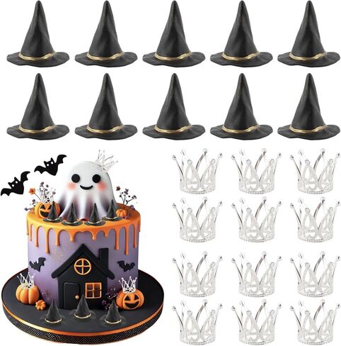 24pcs قبعة الساحرة وتاج كعكة توبر، عيد الهالوين سيئة ساحرة زينة حفلة عيد ميلاد تفضل قبعات المعالج الصغيرة كب كيك توبر، الأميرة موضوع كب كيك القبعات العالية ديكور الحرف هدية in Kuwait