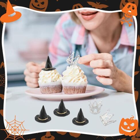 24pcs قبعة الساحرة وتاج كعكة توبر، عيد الهالوين سيئة ساحرة زينة حفلة عيد ميلاد تفضل قبعات المعالج الصغيرة كب كيك توبر، الأميرة موضوع كب كيك القبعات العالية ديكور الحرف هدية in Kuwait