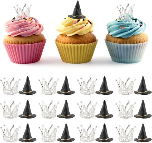 24pcs Witch Hat and Crown Cake Topper,Halloween Bad Witch Birthday Party Decorations Favors Mini Wizard Hats Cupcake Topper,Princess Theme Cupcake Toppers Decor Crafts Gift in Saudi Arabia