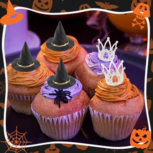 24pcs Witch Hat and Crown Cake Topper,Halloween Bad Witch Birthday Party Decorations Favors Mini Wizard Hats Cupcake Topper,Princess Theme Cupcake Toppers Decor Crafts Gift in Saudi Arabia