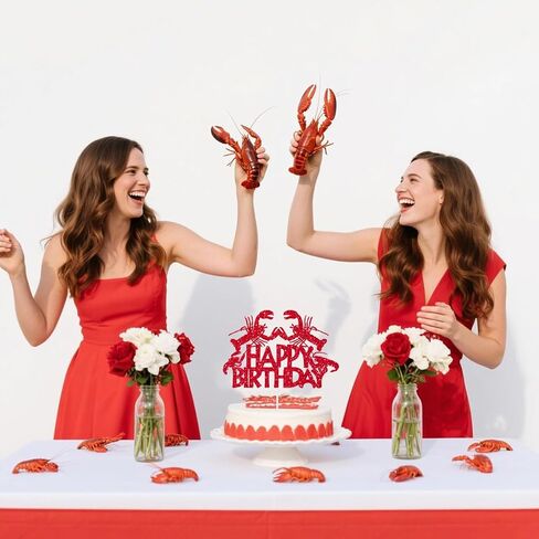 Crawfish Cake Toppers Glitter Red Lobster Happy Birthday Cake Decorations Crawfish Boil Birthday Party Decor Seafood Boil Under The Sea Baby Shower Cake Picks for Ocean Shrimp Animals Supplies in Saudi Arabia