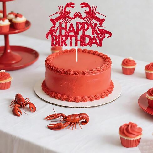 Crawfish Cake Toppers Glitter Red Lobster Happy Birthday Cake Decorations Crawfish Boil Birthday Party Decor Seafood Boil Under The Sea Baby Shower Cake Picks for Ocean Shrimp Animals Supplies in Saudi Arabia
