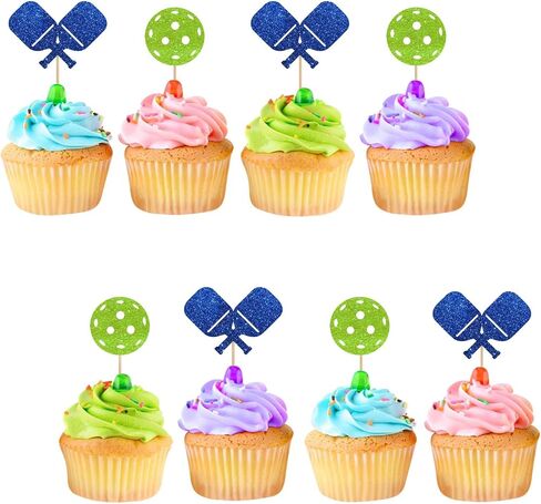 24pcs Pickleball Cupcake Toppers, Pickleball Birthday Cupcake Toppers for Boys, Blue&Green Glitter Pickleball Cupcake Picks, Sport Themed Birthday/Retirement Party Supplies in Saudi Arabia