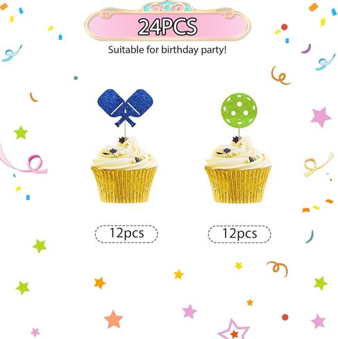 24pcs Pickleball Cupcake Toppers, Pickleball Birthday Cupcake Toppers for Boys, Blue&Green Glitter Pickleball Cupcake Picks, Sport Themed Birthday/Retirement Party Supplies in Saudi Arabia