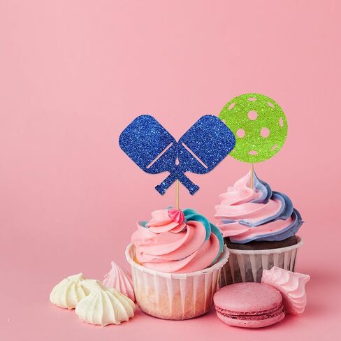 24pcs Pickleball Cupcake Toppers, Pickleball Birthday Cupcake Toppers for Boys, Blue&Green Glitter Pickleball Cupcake Picks, Sport Themed Birthday/Retirement Party Supplies in Saudi Arabia