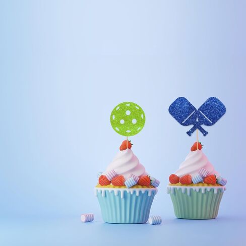 24pcs Pickleball Cupcake Toppers, Pickleball Birthday Cupcake Toppers for Boys, Blue&Green Glitter Pickleball Cupcake Picks, Sport Themed Birthday/Retirement Party Supplies in Saudi Arabia
