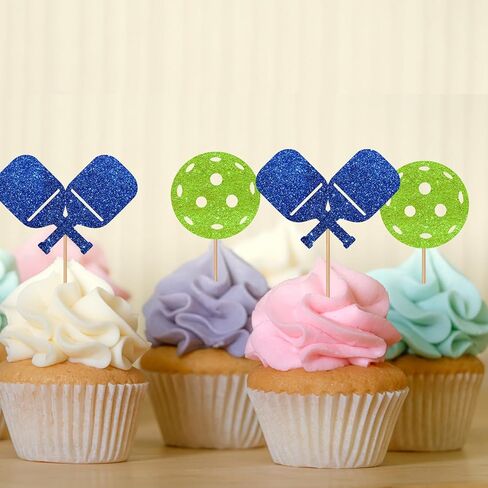 24pcs Pickleball Cupcake Toppers, Pickleball Birthday Cupcake Toppers for Boys, Blue&Green Glitter Pickleball Cupcake Picks, Sport Themed Birthday/Retirement Party Supplies in Saudi Arabia