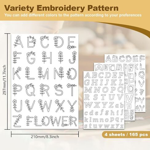 155Pcs A-Z Flower Alphabet Embroidery Pattern Stabilizers, 8.3"x11.7" Letter Number Water Soluble Stick and Stitch Embroidery Stickers, 4 Sheets Hand Sewing DIY Embroidery Paper in Saudi Arabia