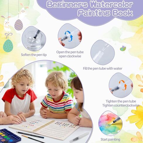 مصنف الألوان المائية لبيضة عيد الفصح والأرنب - مجموعة الرسم بالألوان المائية للمبتدئين والكبار، 12 لونًا وفرشاة، لوازم لحرف عيد الفصح العائلية، تخفيف التوتر، هدايا سلة عيد الفصح in Kuwait