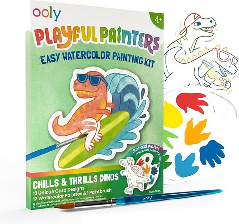 مجموعة الرسم بالألوان المائية السهلة من Ooly Playful Painters - Chills & Thrills Dinos، مجموعة مكونة من 25 قطعة، 12 عمل فني فريد مع خطوط إرشادية، 12 لون طلاء، وفرشاة، مجموعة فنية وحرفية للأطفال غير سامة in Saudi Arabia