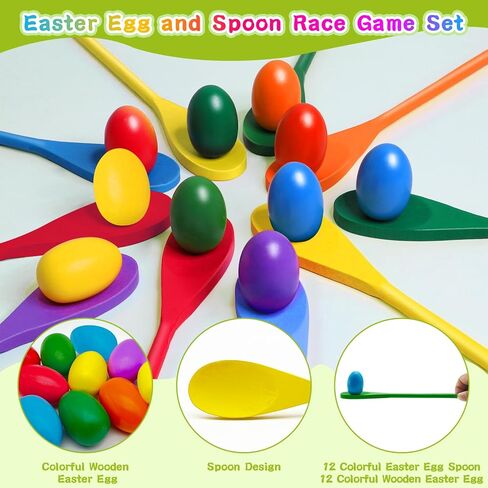 TOPLEE 20 Pcs Easter Egg and Spoon Race Game Set, 10 Players Balance Relay Easter Games Include 10 Eggs and 10 Wooden Spoons for Kids Family Carnivals Outdoor Yards Holiday Birthday Party Lawn in Saudi Arabia