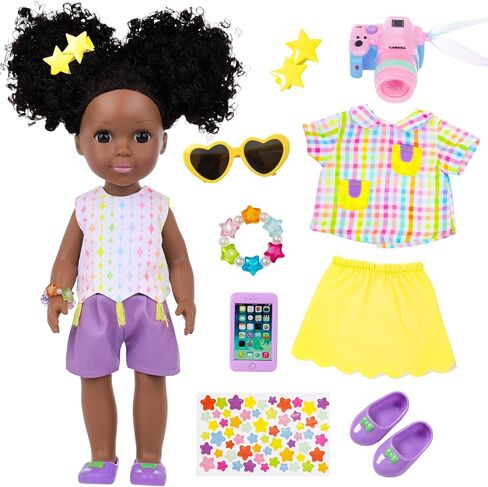 Ecore Fun 14.5 Inch Black Baby Doll, 12 Pcs Black Doll Clothes and Accessories, African Washable Realistic Silicone Girl Dolls Include Doll Clothes Shoes Phone Glasses Camera Hairpin Bracelet Stickers in Saudi Arabia