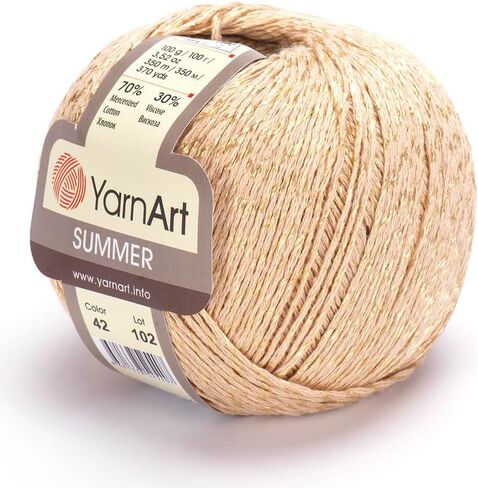 YarnArt Summer - خيوط لامعة خفيفة الوزن، 70% قطن مرسيريزد، 30% فيسكوز - حياكة لامعة وخيوط كروشيه للشالات والملابس والإكسسوارات (07-بيج) in Kuwait