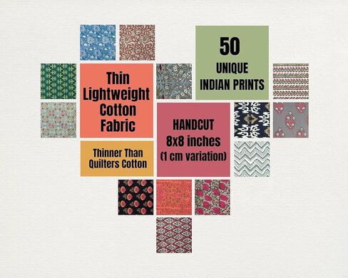 Craftbot 100% Cotton Lightweight Thin & Soft Indian Block Print Fabric Squares -50pc- 8x8 for Craft in Saudi Arabia