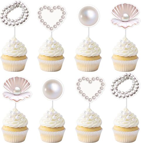 Kreatwow Pearl Seashell Cupcake Toppers 24pcs Pearl Themed Party Decorations Seashell Cake Decorations Sparkling Pearls Necklace Under The Sea Decors for Mermaid Ocean Bday Gender Reveal in Saudi Arabia