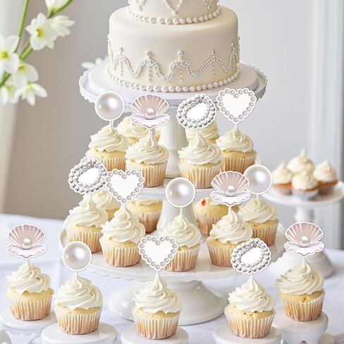 Kreatwow Pearl Seashell Cupcake Toppers 24pcs Pearl Themed Party Decorations Seashell Cake Decorations Sparkling Pearls Necklace Under The Sea Decors for Mermaid Ocean Bday Gender Reveal in Saudi Arabia
