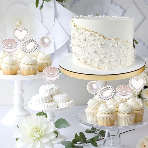 Kreatwow Pearl Seashell Cupcake Toppers 24pcs Pearl Themed Party Decorations Seashell Cake Decorations Sparkling Pearls Necklace Under The Sea Decors for Mermaid Ocean Bday Gender Reveal in Saudi Arabia