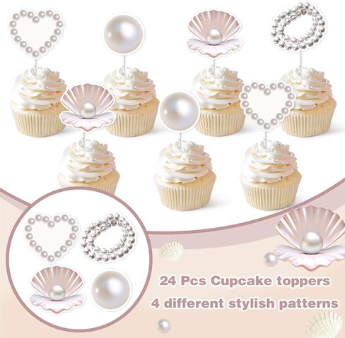 Kreatwow Pearl Seashell Cupcake Toppers 24pcs Pearl Themed Party Decorations Seashell Cake Decorations Sparkling Pearls Necklace Under The Sea Decors for Mermaid Ocean Bday Gender Reveal in Saudi Arabia
