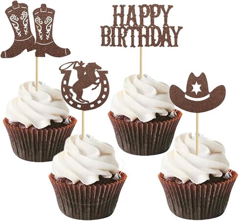 24 PCS Cowboy Cupcake Toppers - Glitter HorseShoe Cowboy Hats Boots Picks Western Theme Baby Shower Birthday Party Decorations Supplies in Saudi Arabia