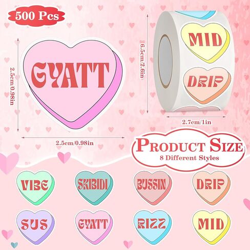 500 Pcs Valentines Day Heart Stickers Candy Heart Conversation Brain Rot Teen Slang Valentines Love Stickers for Classroom Gift Cards Envelopes Boxes in Saudi Arabia