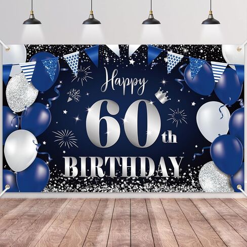 Happy 60th Birthday Banner for Men, Navy Blue Black Silver Happy 60 Years Decorations Fabric Backdrop, 180×110cm Photo Background Signs for Men's 60th Birthday Party Decor in Saudi Arabia