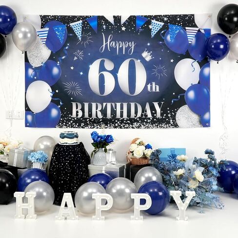 Happy 60th Birthday Banner for Men, Navy Blue Black Silver Happy 60 Years Decorations Fabric Backdrop, 180×110cm Photo Background Signs for Men's 60th Birthday Party Decor in Saudi Arabia