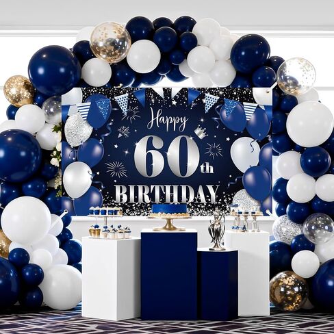 Happy 60th Birthday Banner for Men, Navy Blue Black Silver Happy 60 Years Decorations Fabric Backdrop, 180×110cm Photo Background Signs for Men's 60th Birthday Party Decor in Saudi Arabia