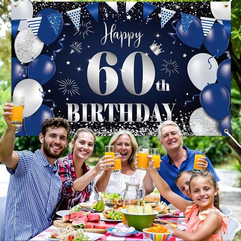 Happy 60th Birthday Banner for Men, Navy Blue Black Silver Happy 60 Years Decorations Fabric Backdrop, 180×110cm Photo Background Signs for Men's 60th Birthday Party Decor in Saudi Arabia