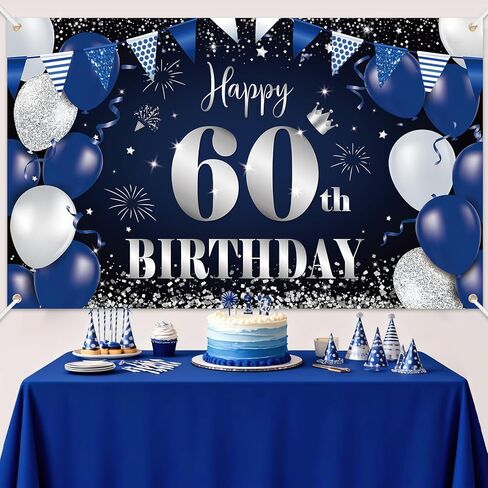 Happy 60th Birthday Banner for Men, Navy Blue Black Silver Happy 60 Years Decorations Fabric Backdrop, 180×110cm Photo Background Signs for Men's 60th Birthday Party Decor in Saudi Arabia