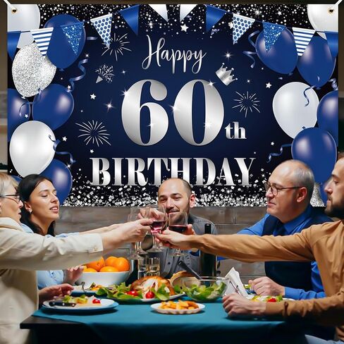 Happy 60th Birthday Banner for Men, Navy Blue Black Silver Happy 60 Years Decorations Fabric Backdrop, 180×110cm Photo Background Signs for Men's 60th Birthday Party Decor in Saudi Arabia