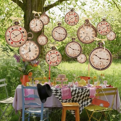 Epakh 20 Pcs Vintage Clock Cardboard Hanging Banner Wonderland Tea Party Decoration Wonderland Clock Garland Decoration Background for Birthday Baby Shower Party Supplies Girls Princesses in Saudi Arabia